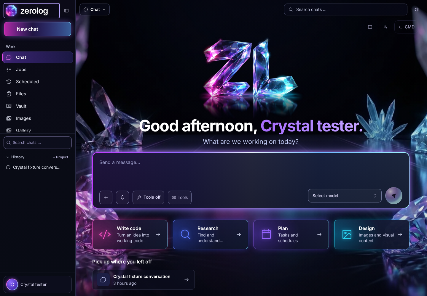 Crystal chat start screen with the message composer and tool shortcuts