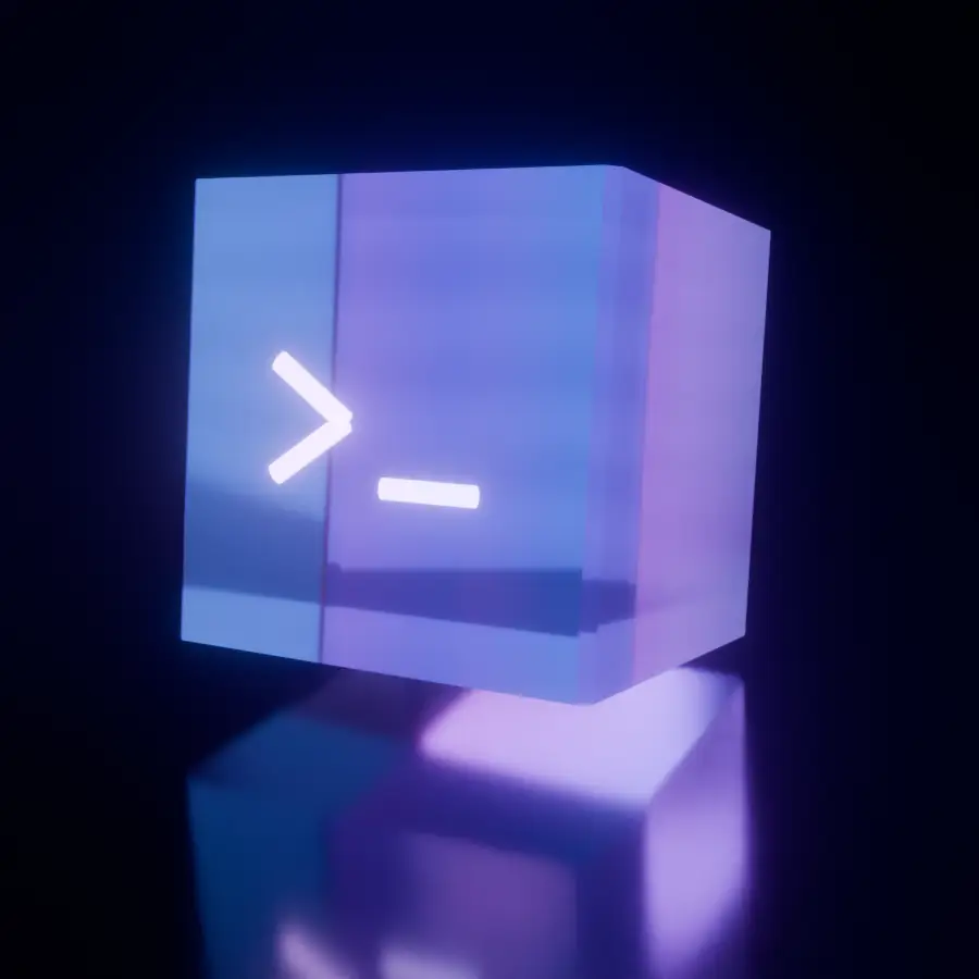 A glass cube with a glowing terminal prompt inside