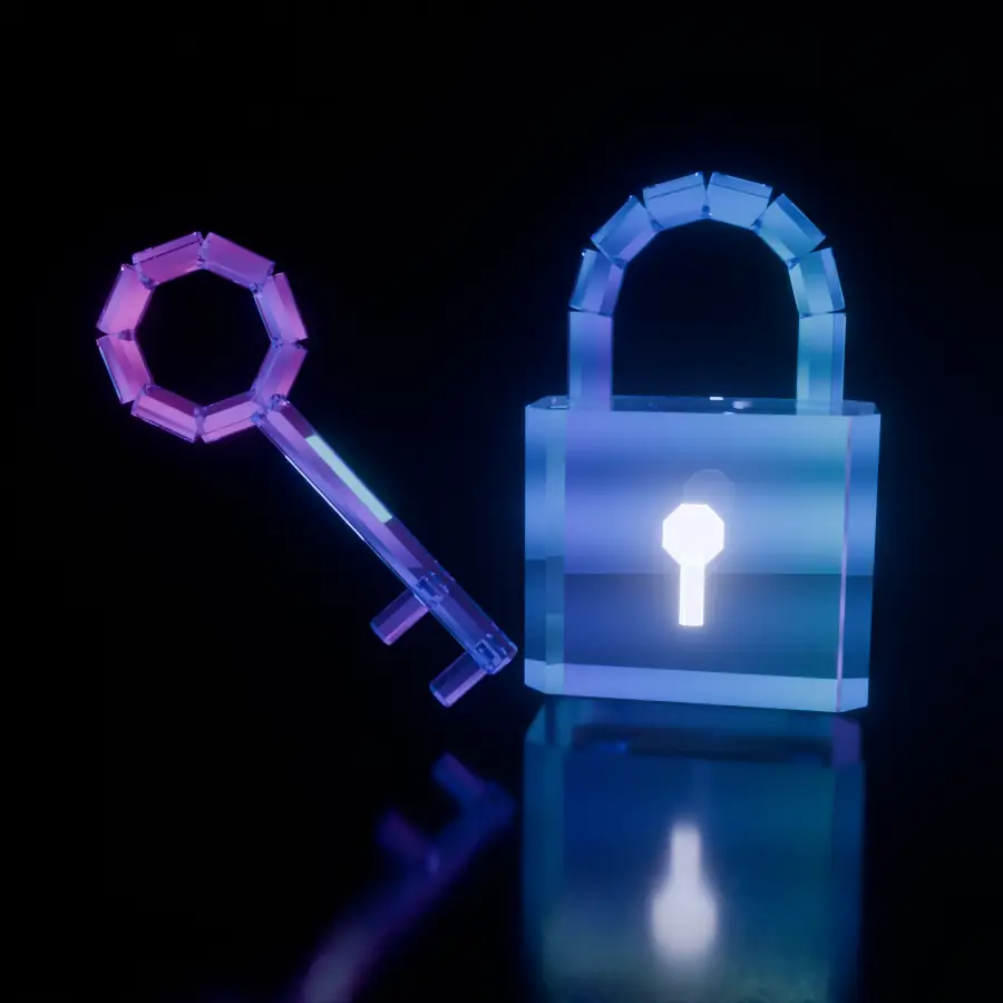 A key and a padlock made of glass prisms